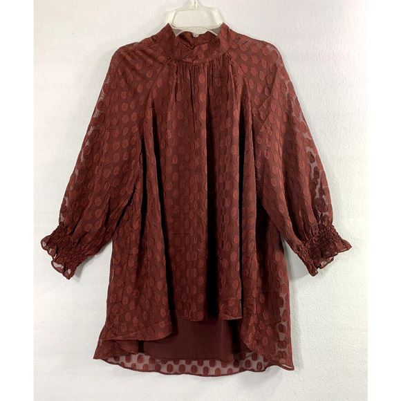 Dr2 Womens Top XS Burgundy Red Polka Dot Flowy Hi‎ Low Career Blouse - Picture 13 of 13